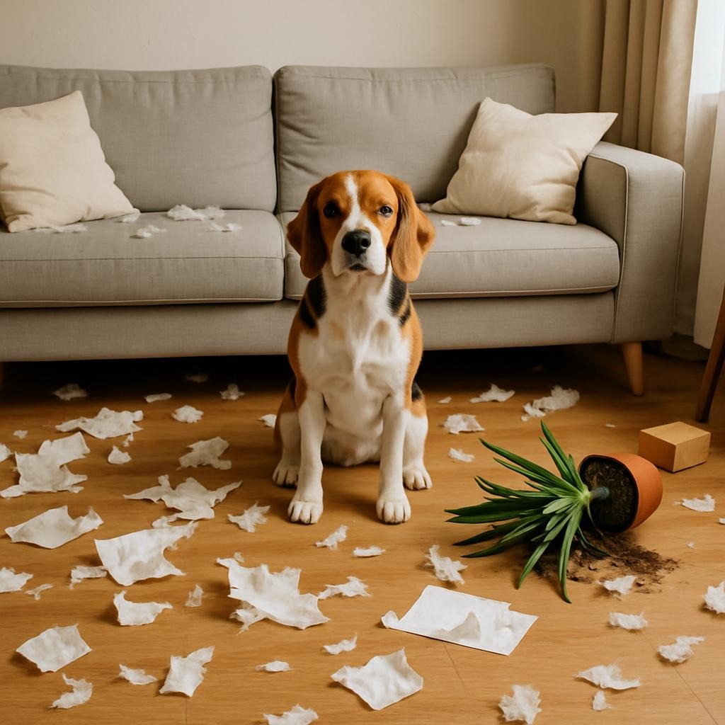 Hond maakt bende in huis. Praten tegen je hond is heel normaal.