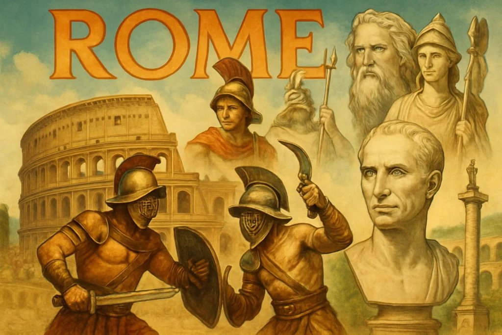 Rome, Romeinen, Gladiatoren en Julius Ceasar in een mooie tekening samen