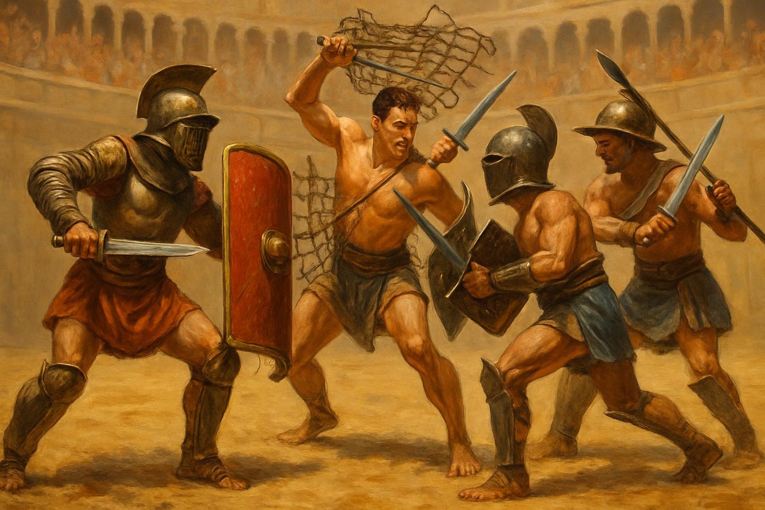 Murmillo: groot schild en kort zwaard, vaak tegenover een retiarius. Ze waren zwaar bepantserd en trainden op kracht en uithoudingsvermogen.
Retiarius: wendbaar met een net en drietand. Hun strategie was aanvallen van een afstand en snel uit de buurt van een zwaardscherm blijven.
Secutor: speciaal getraind om een retiarius te achtervolgen, met een gladde helm om netten te ontwijken en een zwaard om dodelijke stoten uit te delen.
Thraex: uitgerust met een klein rechthoekig schild en een kort zwaard, gericht op snelle, agressieve aanvallen.
Hoplomachus: geïnspireerd door Griekse soldaten, met speer en zwaard, vaak in duels om tactiek en behendigheid te laten zien.