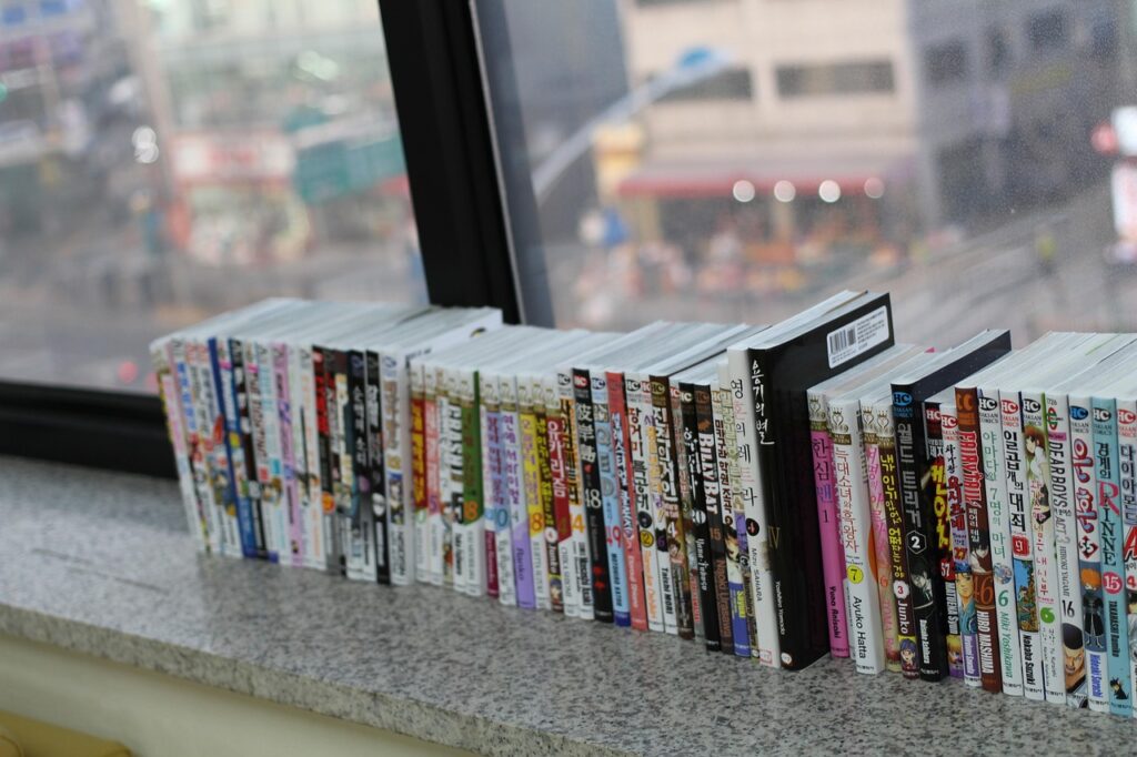 Een rijtje met manga boekjes