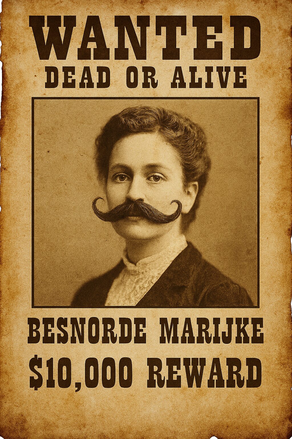 Dead or alive poster uit het wilde westen, besnorde Marijke