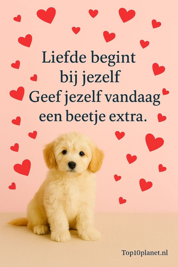 Zelfliefde spreuk met puppy en hartjes